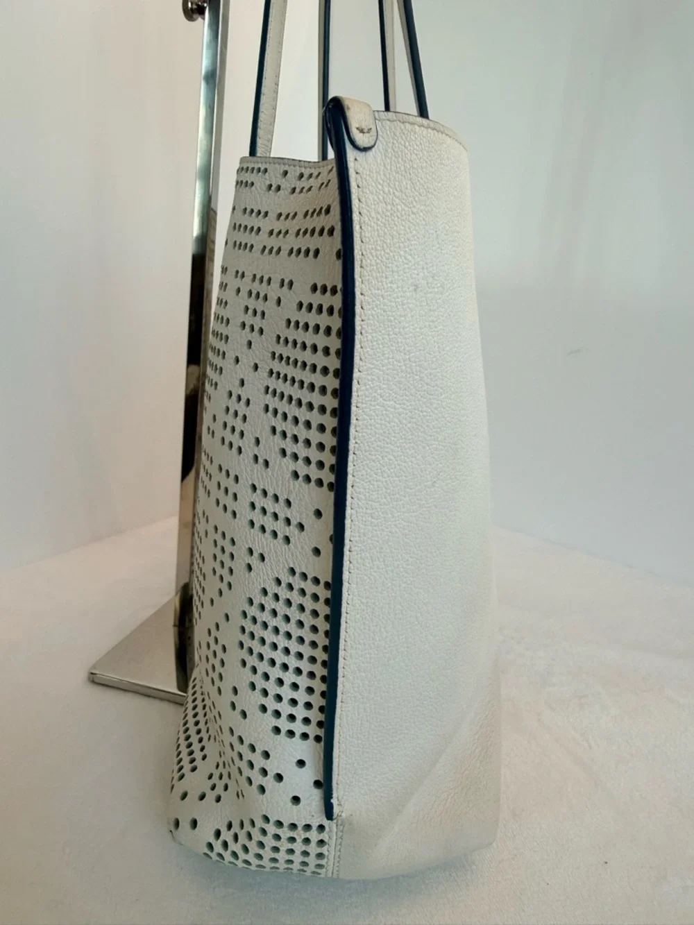 Dior Women’s White Perforated Tote Bag with Blue Interior
